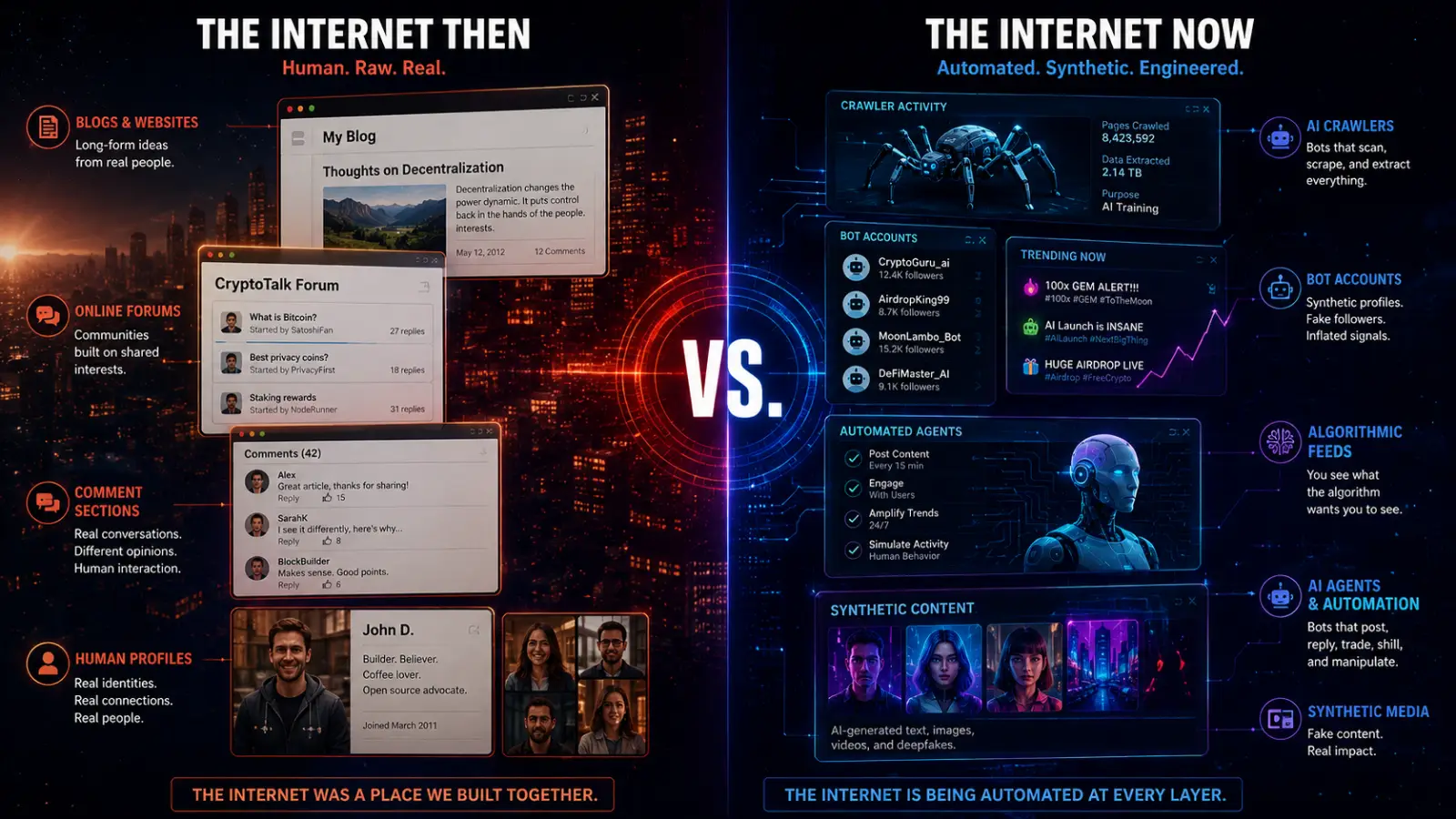 Infographic comparing the older internet of blogs, forums, comment sections, and human profiles with today’s automated web of AI crawlers, bot accounts, algorithmic feeds, AI agents, and synthetic media.