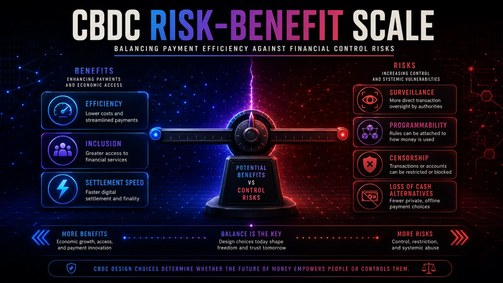 A chart titled 'CBDC Risks and Benefits' shows various risks like privacy concerns and central control and benefits such as faster payments and financial inclusion.