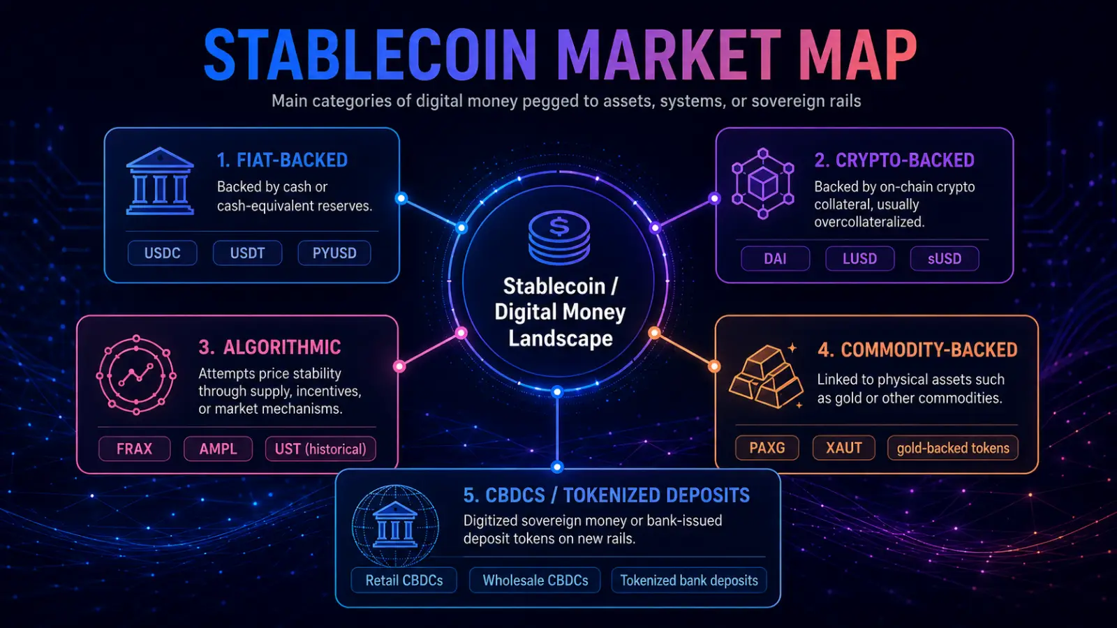 A colorful infographic titled 'Stablecoin Market Map' illustrating various stablecoin categories and their market capitalizations.