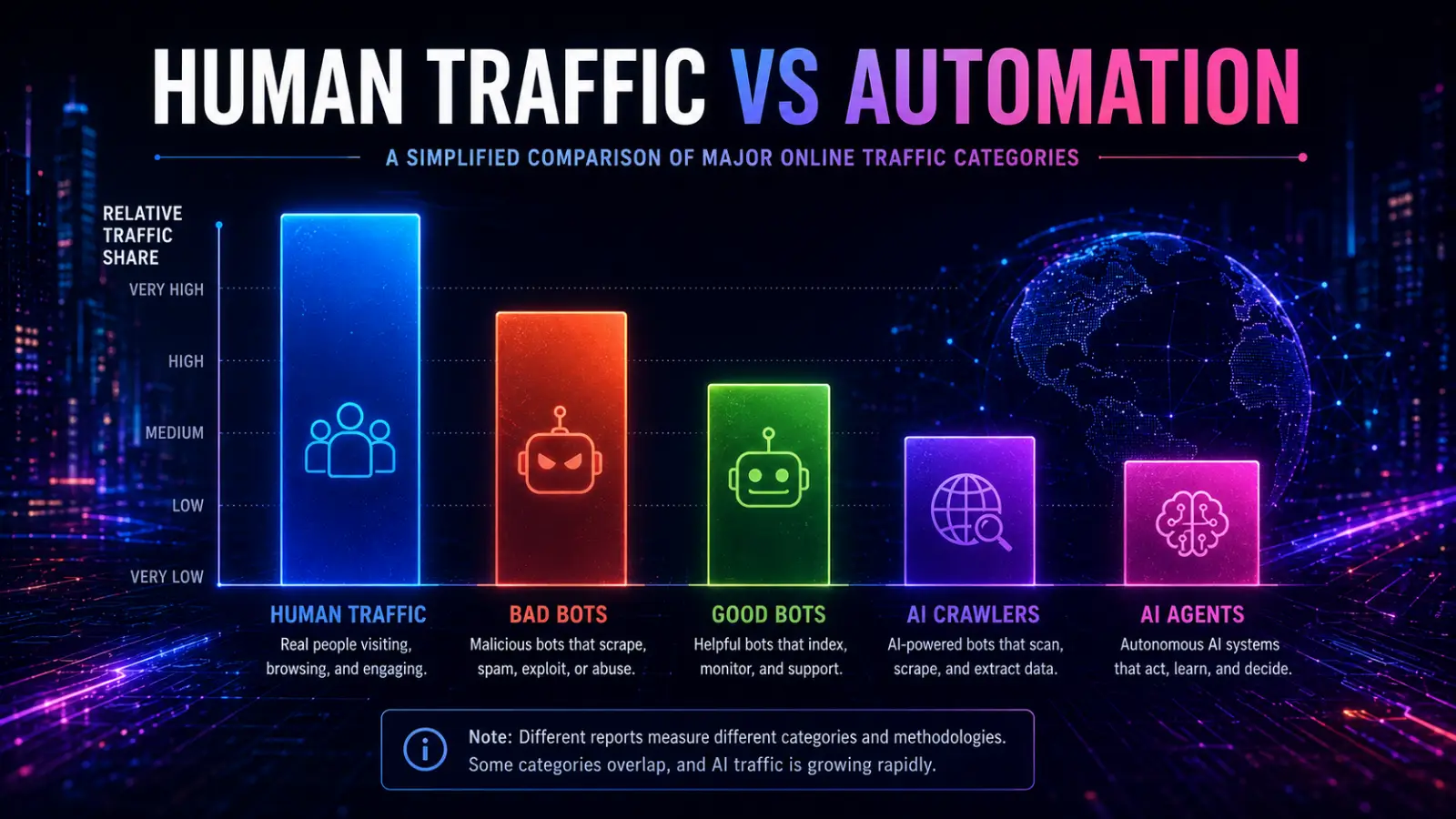 Bar chart comparing major online traffic categories, including human traffic, bad bots, good bots, AI crawlers, and AI agents, with a note that AI-driven traffic is growing rapidly.