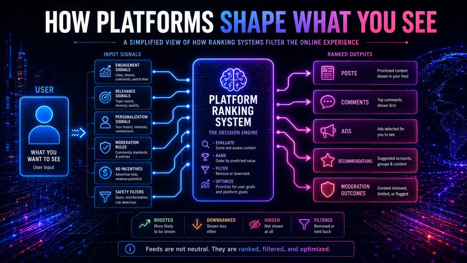 Infographic showing how platform ranking systems use engagement, relevance, personalization, moderation, ads, and safety signals to rank, filter, boost, hide, or recommend content.