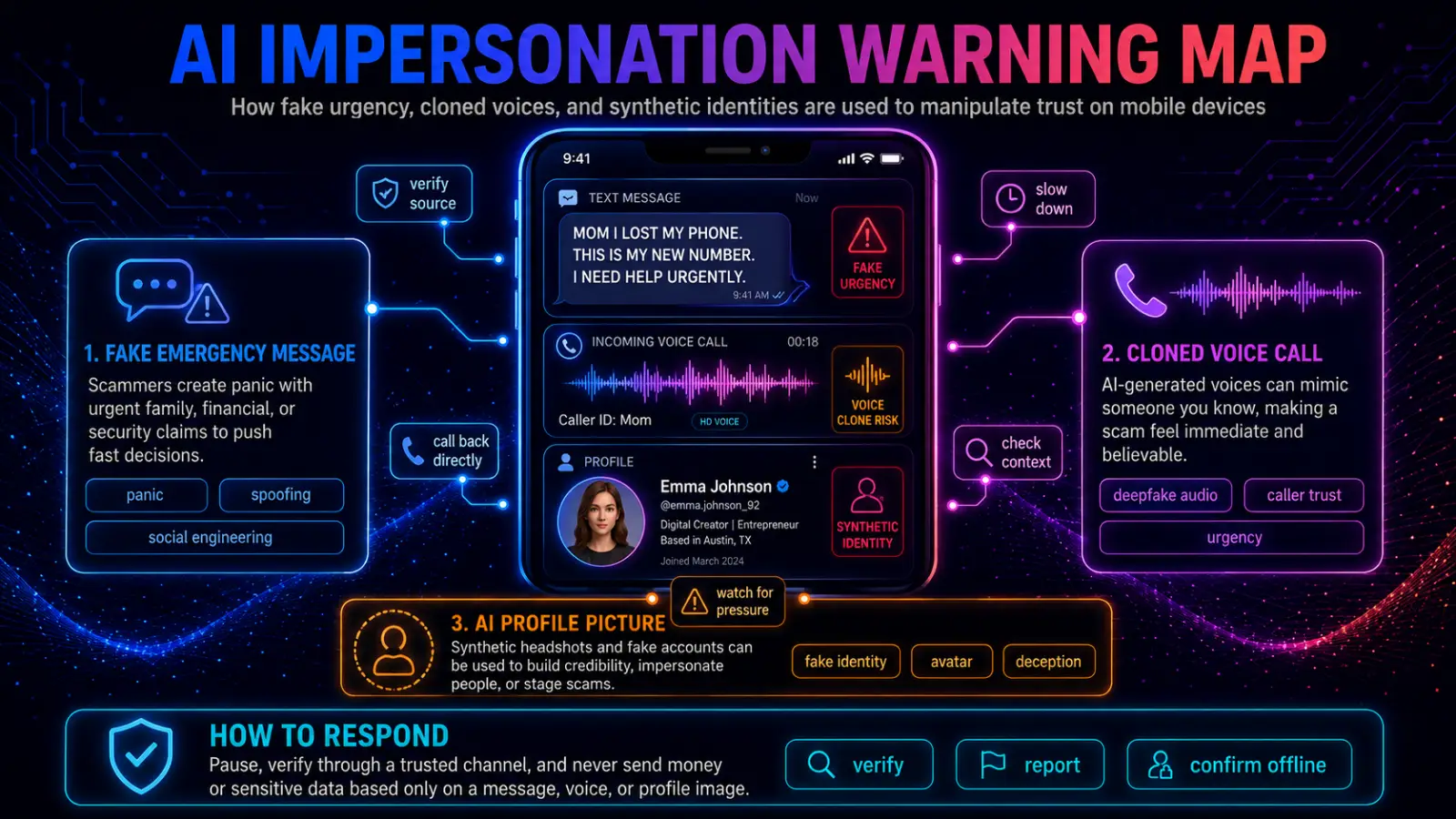 Infographic showing a phone with fake emergency messages, cloned voice calls, and synthetic profile images, warning users to verify sources before trusting urgent digital requests.