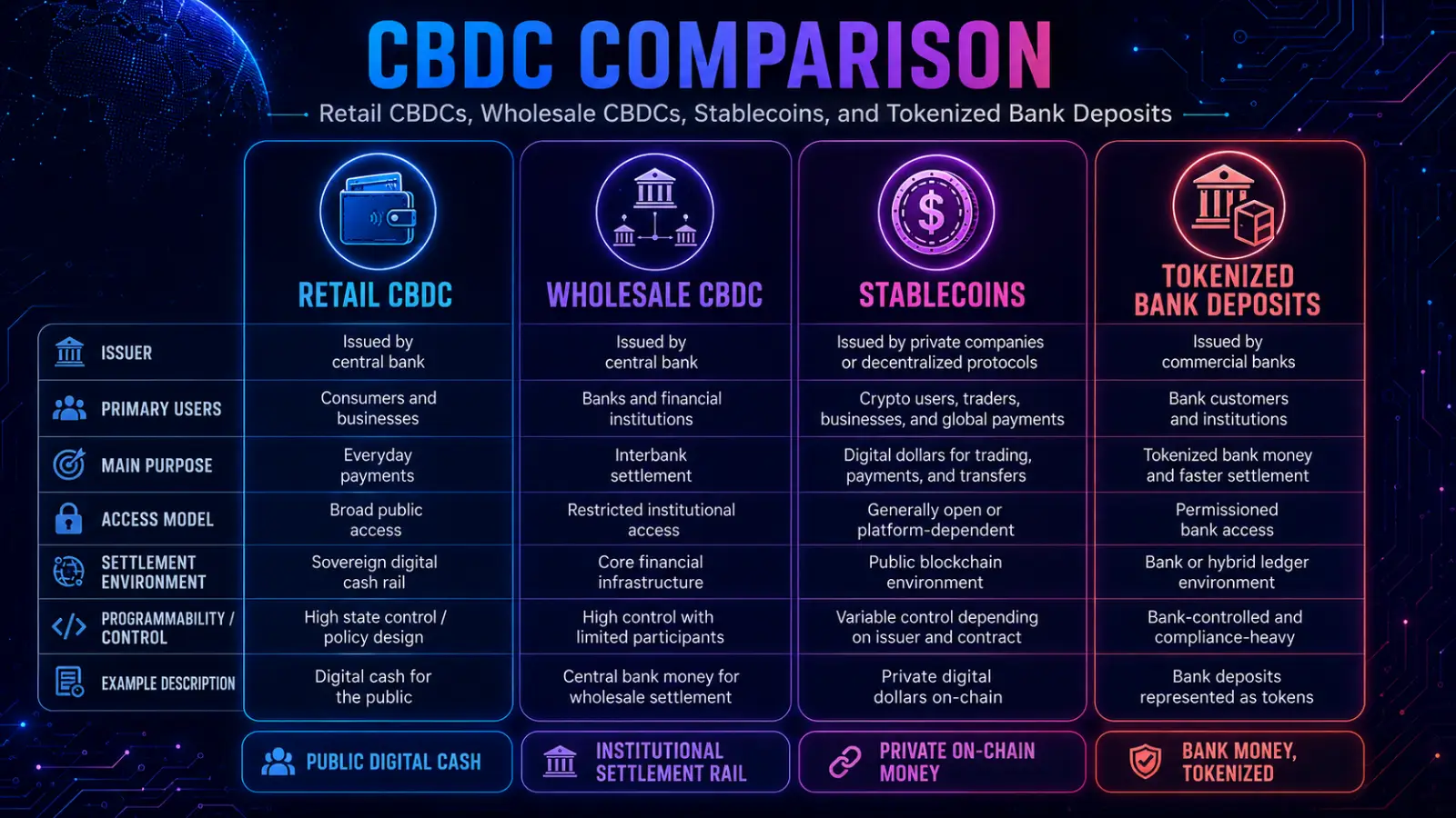 A comparative chart explaining the differences between retail and wholesale Central Bank Digital Currencies (CBDCs).