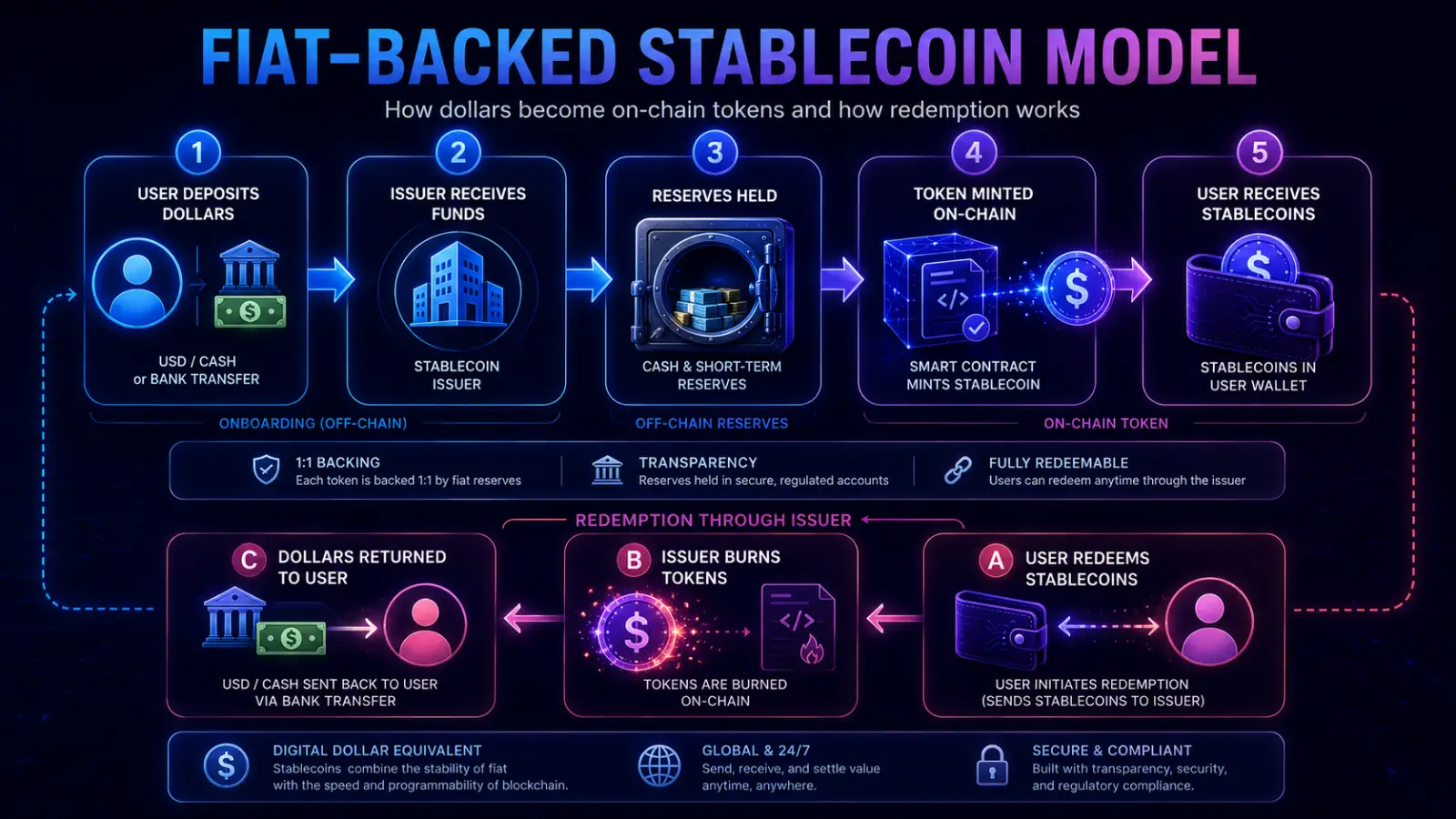 A bar chart representing the asset composition backing fiat-backed stablecoins, showing reserves like cash, bank deposits, and Treasury bills.