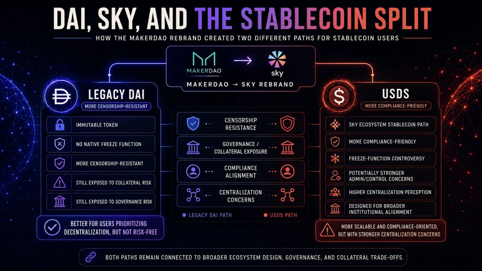 A diagram titled 'The Stablecoin Split' shows how liquidity often triumphs over decentralization in the stablecoin market, with USDT and USDC leading.