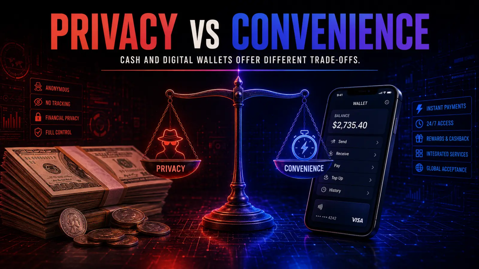 A Venn diagram titled 'Privacy vs. Convenience' shows 'Cash Resilience' on one side and 'Digital Convenience' on the other, with a small overlap labeled 'Current Tension'.