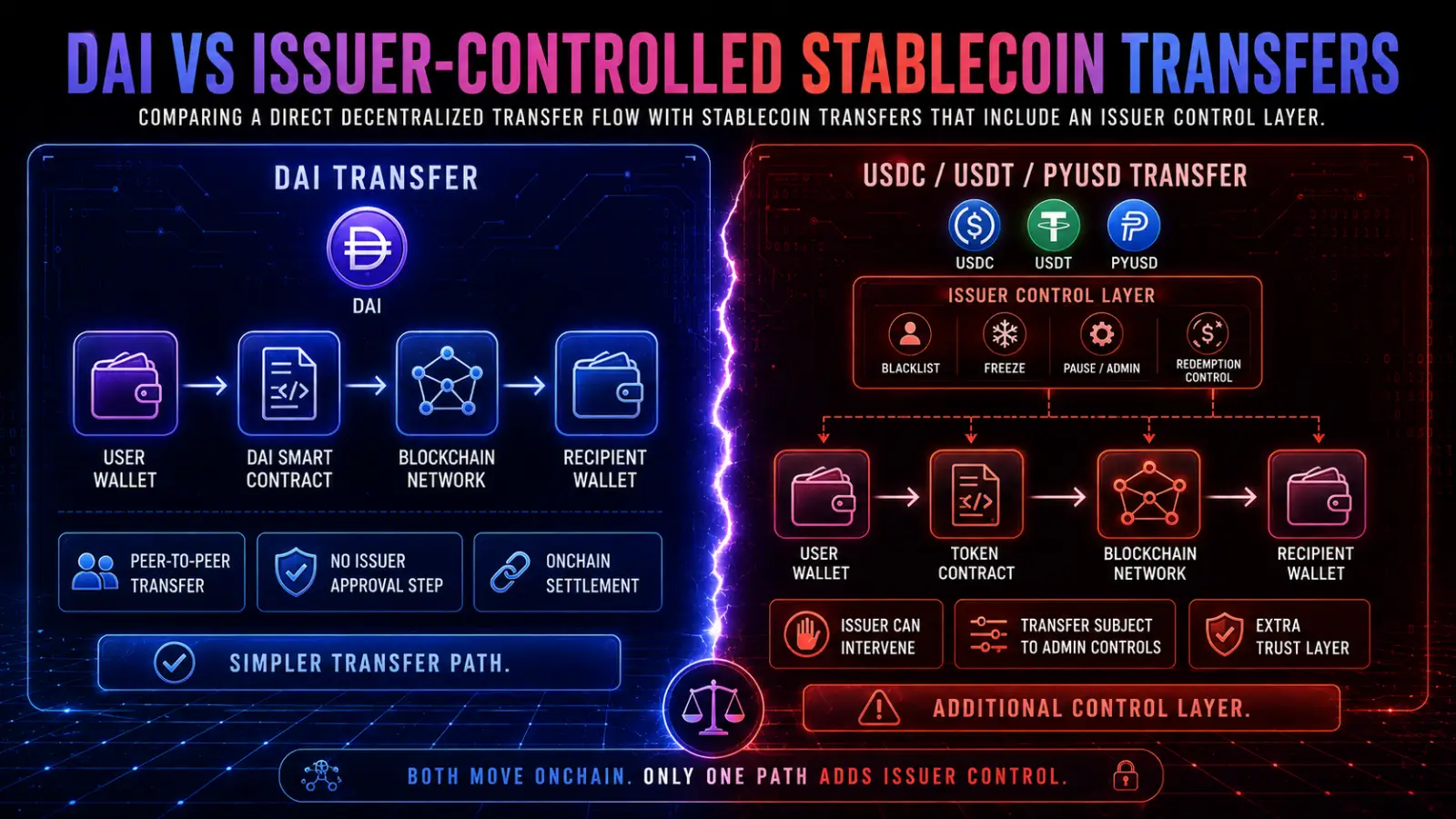 A comparison chart titled 'DAI vs. Centralized Stablecoins' highlighting DAI's decentralized nature against the compliance controls and restrictions of other stablecoins.
