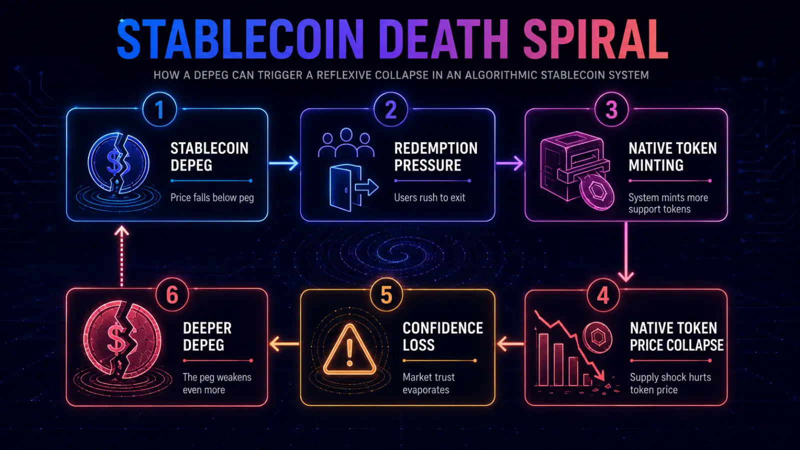 A conceptual diagram illustrating a stablecoin death spiral, where loss of confidence leads to a rapid price decline.