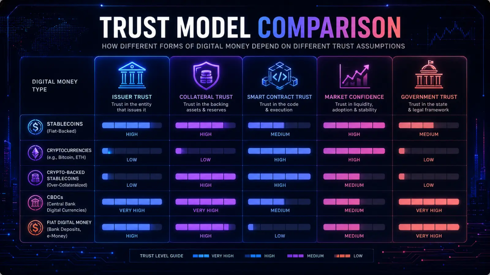 A detailed diagram outlining the different trust models for stablecoins, including fiat-backed, crypto-backed, and algorithmic types.