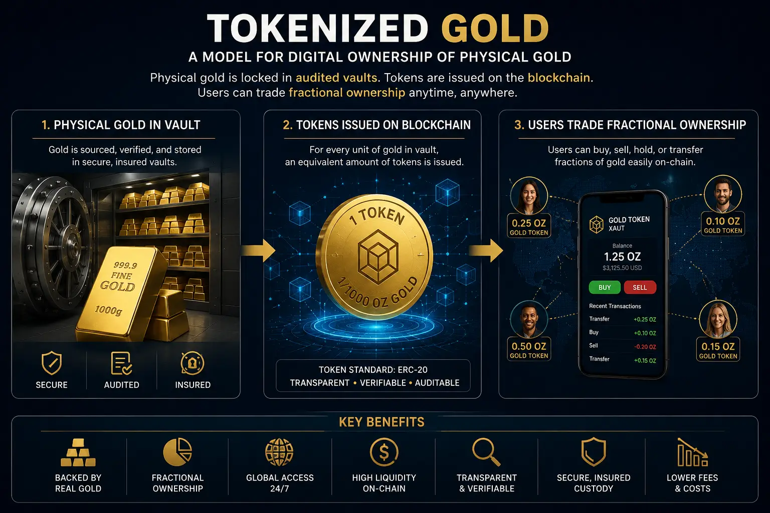 A visual representation of tokenized gold, showing how physical gold is linked to digital tokens for stability.