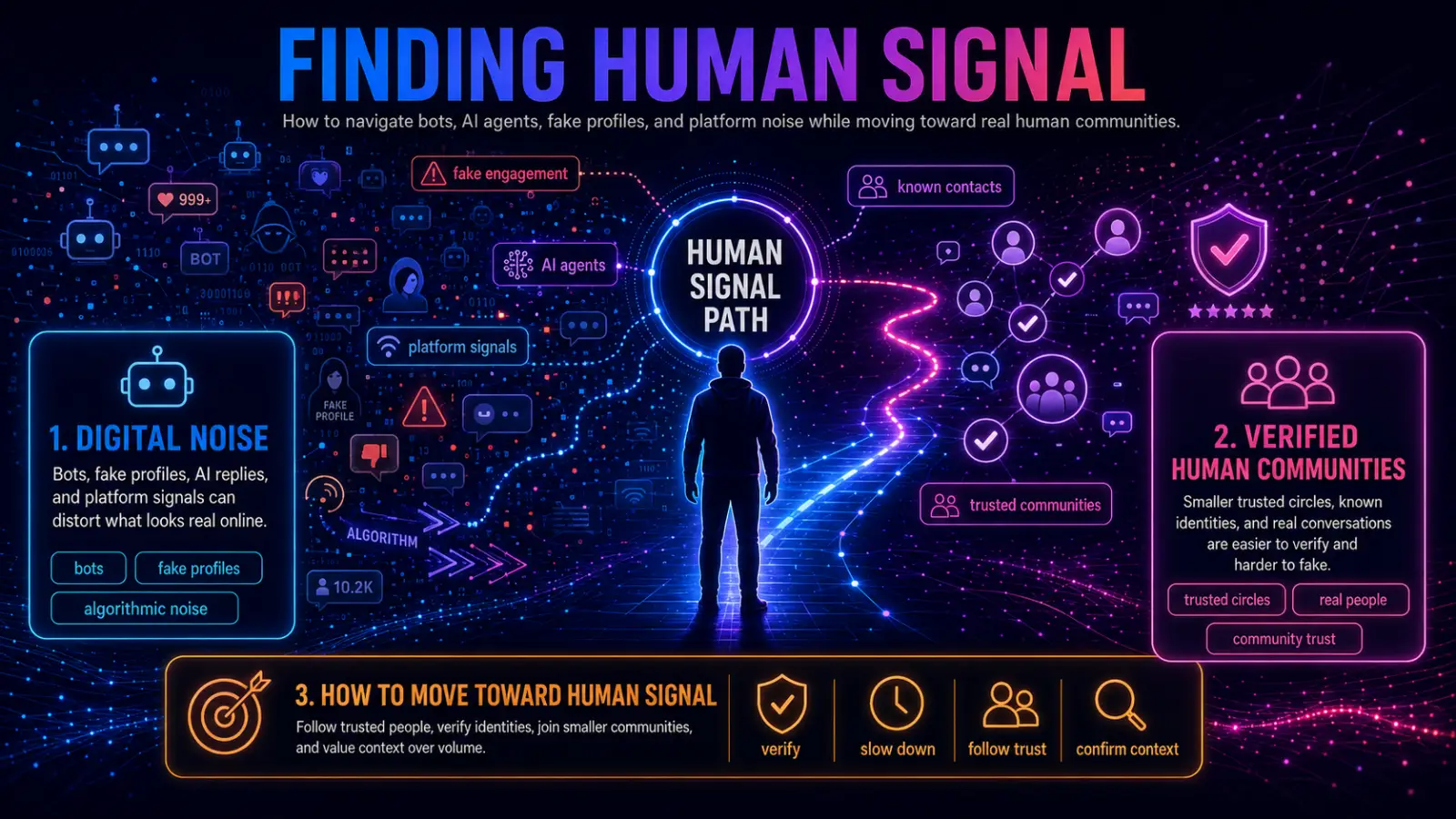Infographic showing a path from digital noise, bots, AI agents, fake profiles, and platform signals toward verified human communities, trusted contacts, and real conversations.