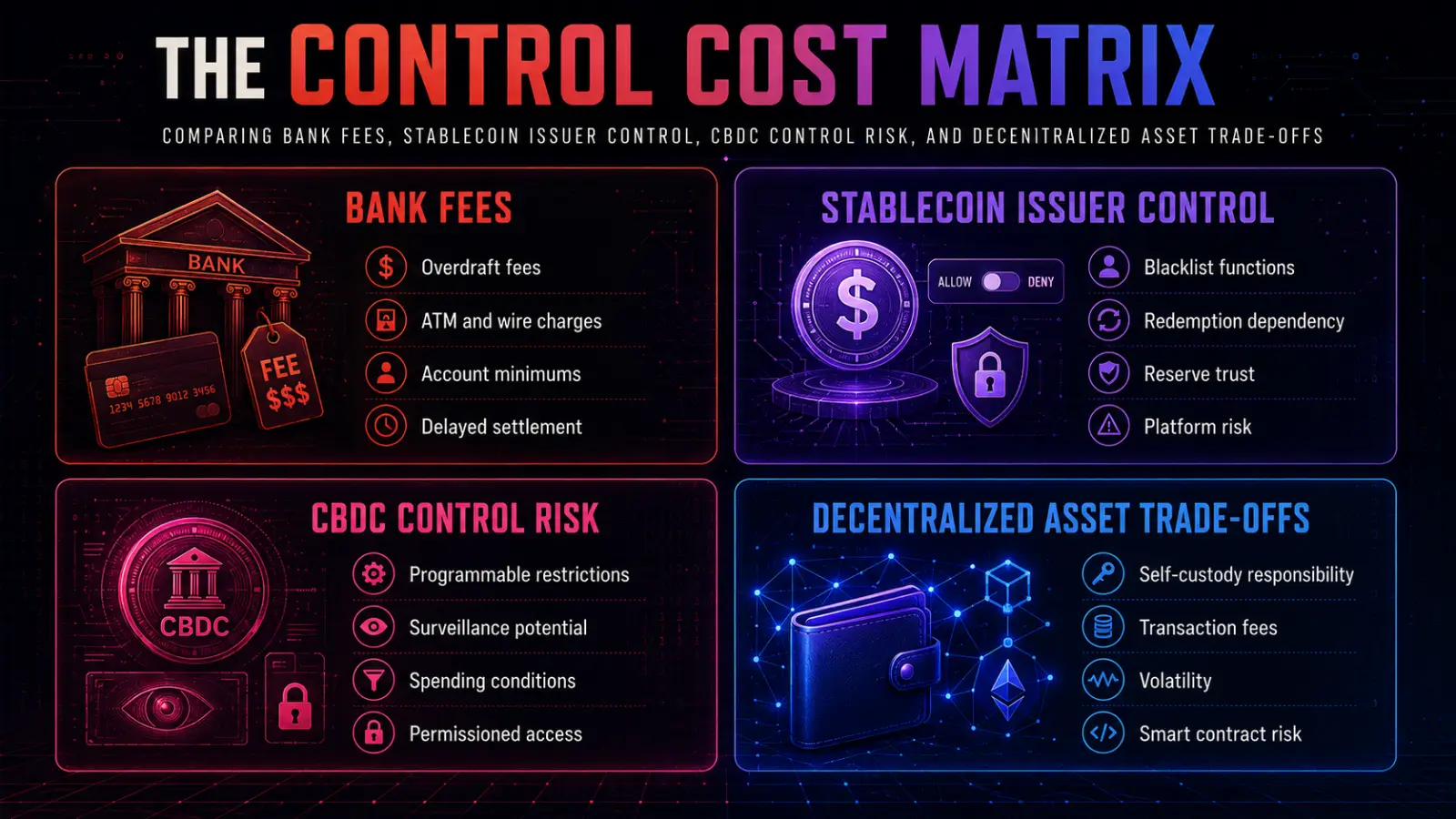 A chart titled 'The Cost Control Matrix' showing two columns: 'Centralized Finance Costs' with entries like blocked transactions and weaker privacy, and 'Decentralized Finance Costs' with entries like open infrastructure and protocol fees.