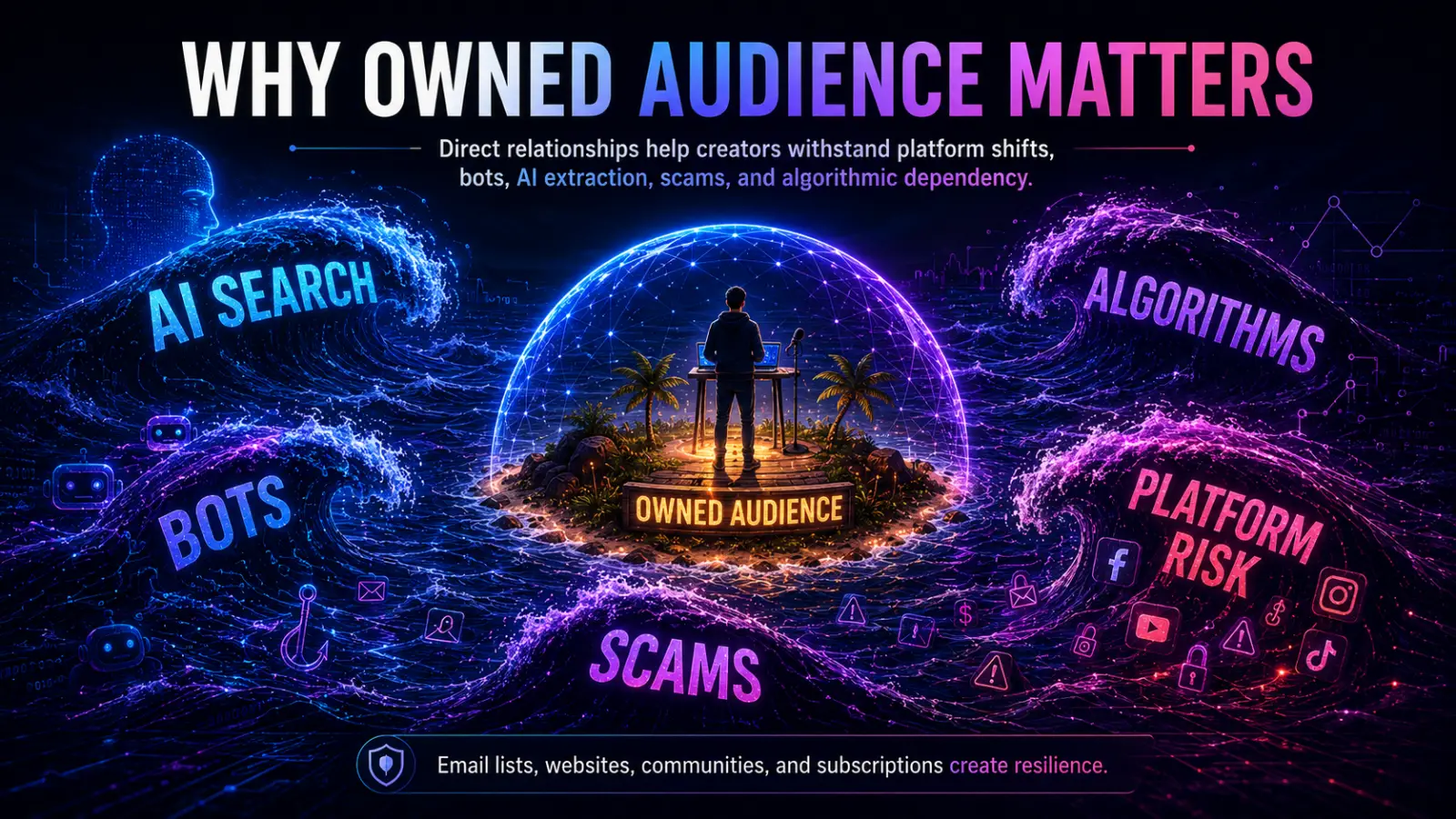 Infographic showing a creator protected by an owned audience while waves labeled AI search, bots, scams, algorithms, and platform risk surround them, emphasizing email lists, websites, communities, and subscriptions.