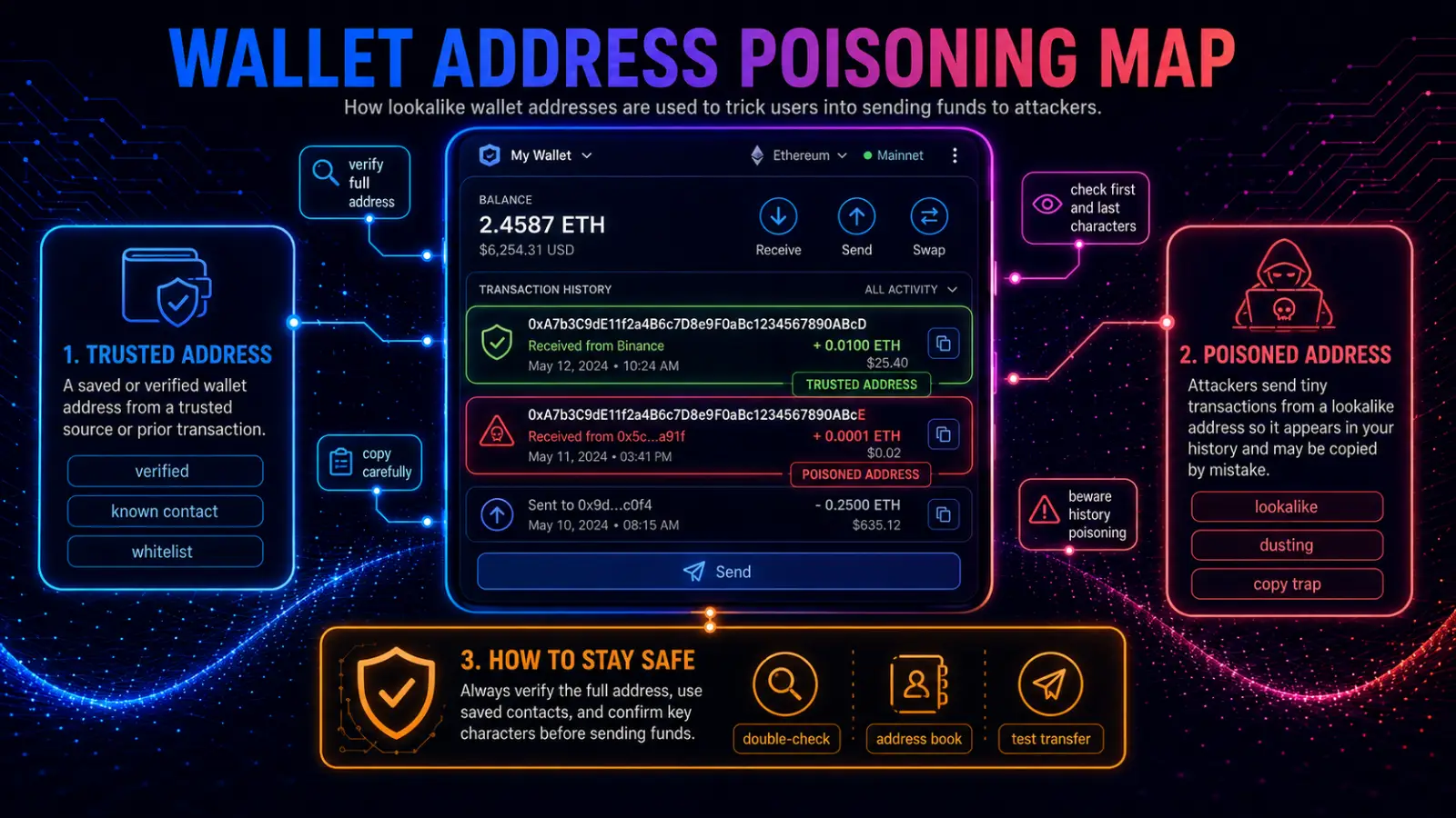 Infographic explaining wallet address poisoning, showing a crypto wallet with trusted and poisoned lookalike addresses, plus safety tips like verifying full addresses and using saved contacts.