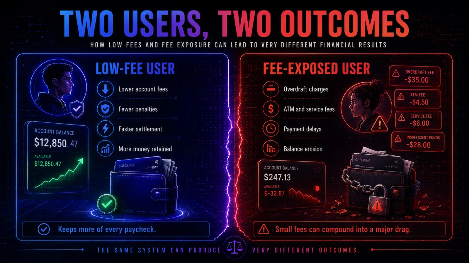 A chart titled 'Two Users, Two Outcomes' illustrates how User 1 faces high fees and overdrafts, while User 2 experiences lower costs due to different financial behaviors.