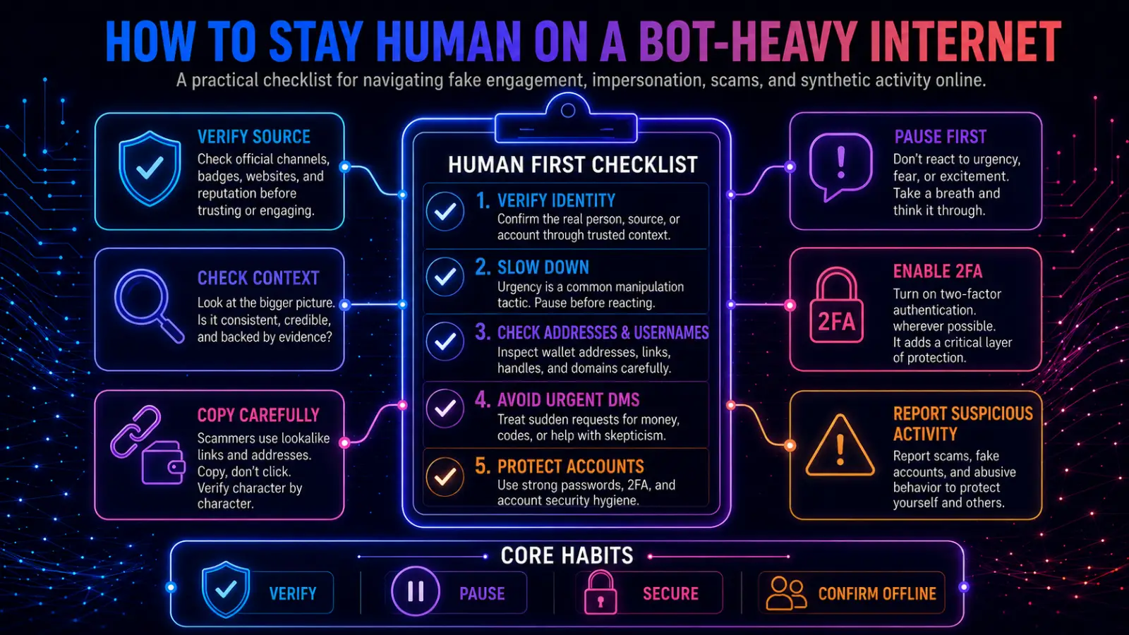 Infographic checklist for avoiding fake engagement, impersonation, scams, and synthetic activity online, with tips to verify identity, slow down, check links, avoid urgent DMs, and secure accounts.
