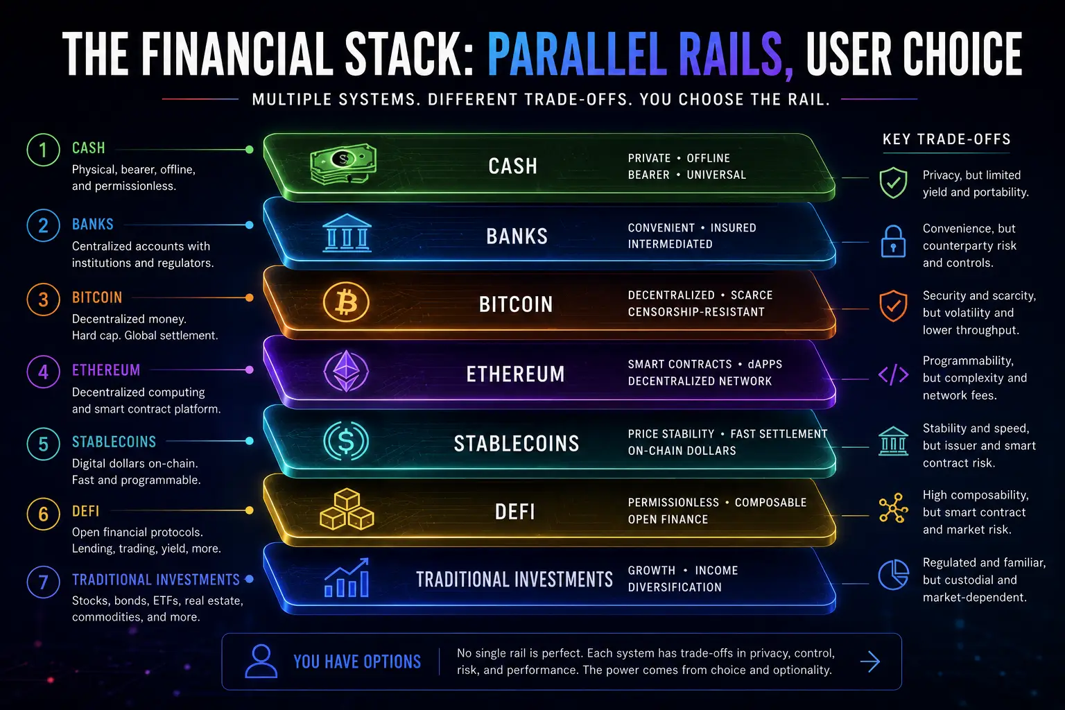 A diagram titled 'Parallel Financial Rails' illustrates the concept of having multiple financial options, including traditional banks, crypto, and CBDCs, for user choice and optionality.