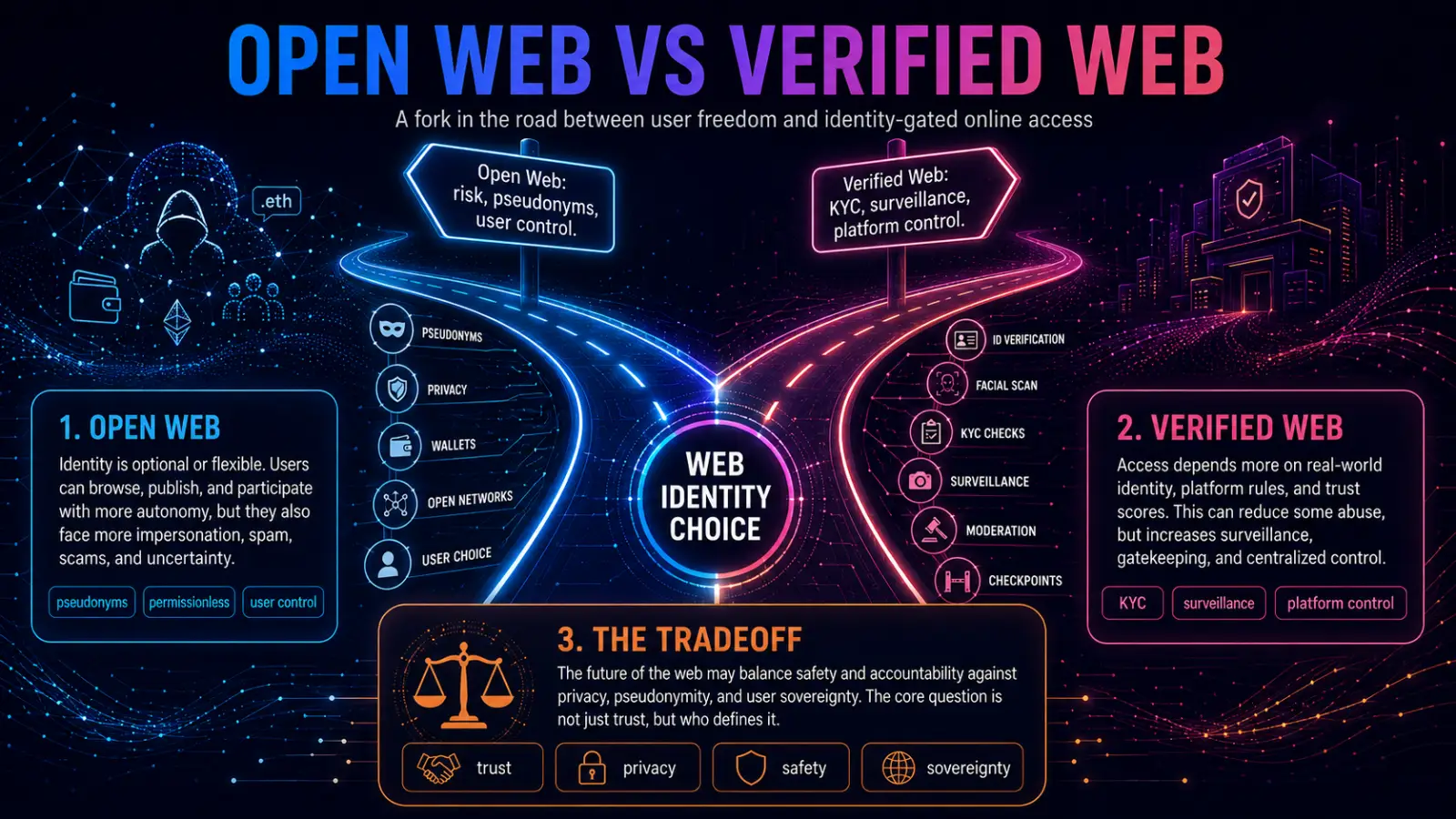 Infographic comparing the open web, where identity is optional and users have more control, with the verified web, where access depends on KYC, surveillance, and platform rules.