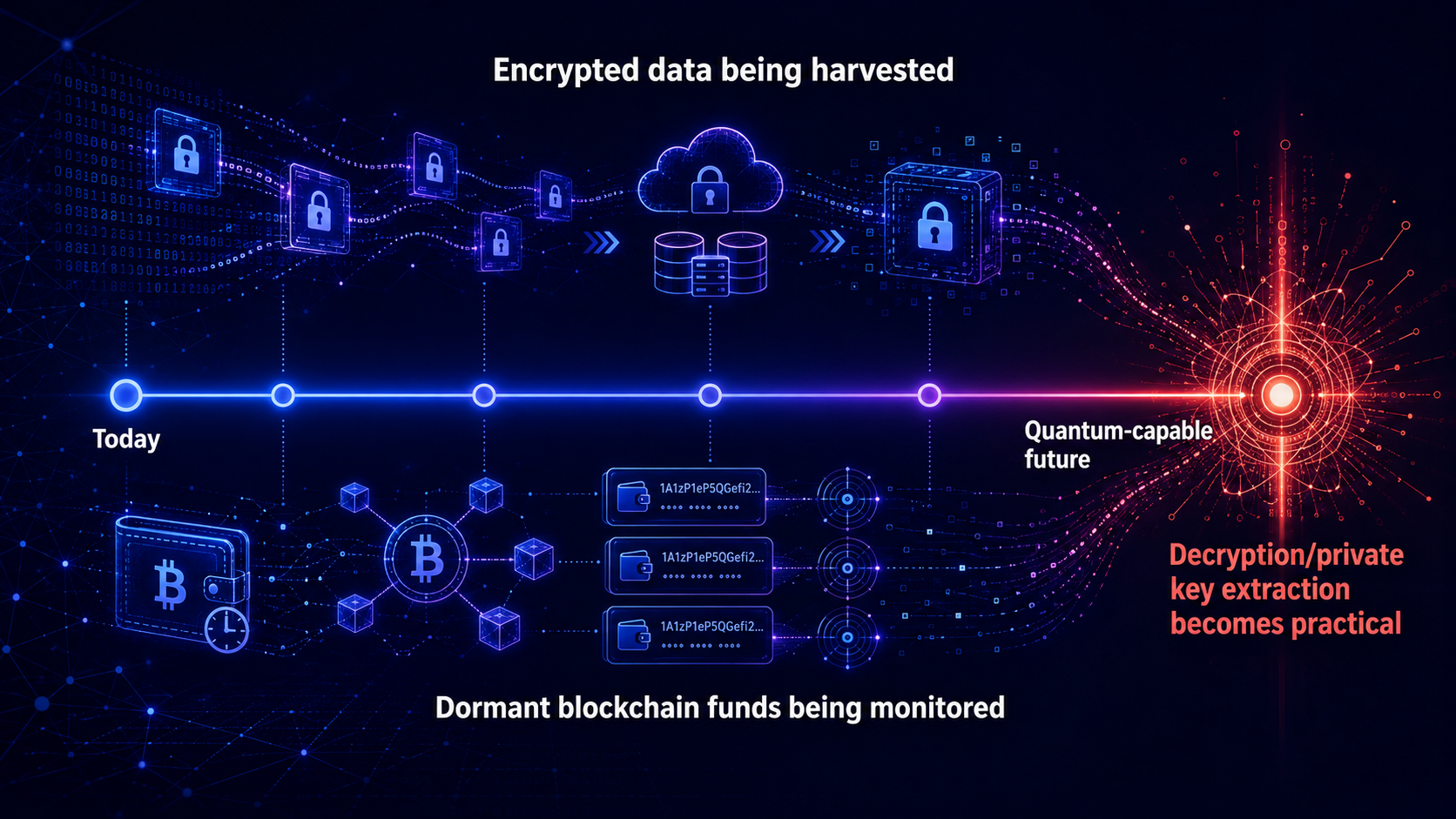 Graphic depicting a futuristic, quantum-capable scenario where dormant and vulnerable crypto outputs are identified for attack.